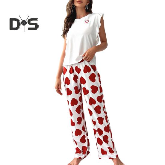 Женский атласный пижамный комплект, топ с оборками и широкие брюки, повседневный комплект из 2 предметов домашней одежды для отдыха