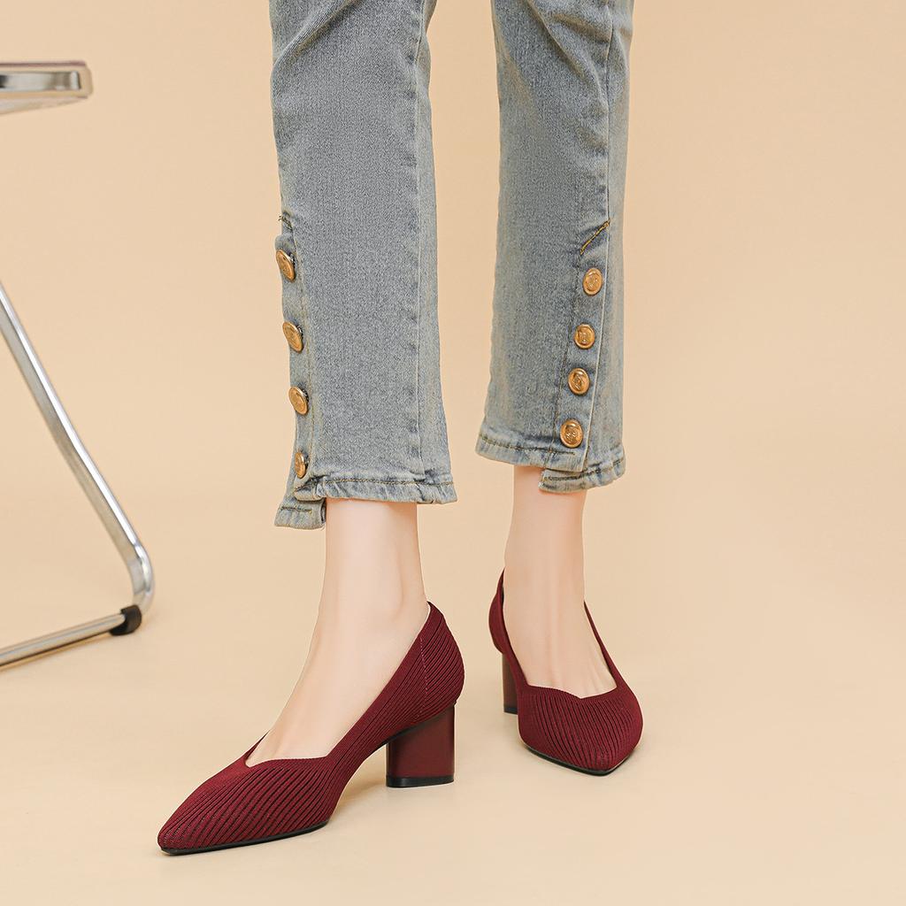 Women's Pumps Kitten Heels Pointed Toe Knit Slip On Low Heel Casual Formal Dress Shoes Work Office Business Chunky Heels Dressy Heels for Women