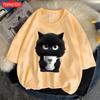 Футболка с принтом «Милый черный кот держит чашку», дышащая, приятная для кожи, с коротким рукавом, модная одежда в стиле Харадзюку, удобная мягкая футболка