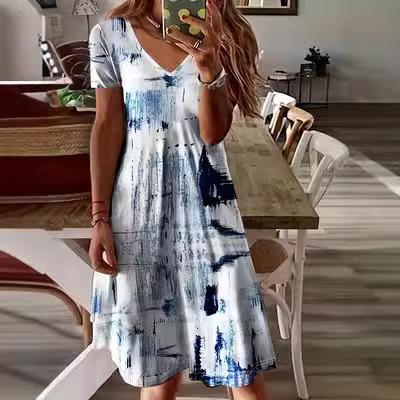 European and American summer new V-neck printed short-sleeved women's dress printed dress