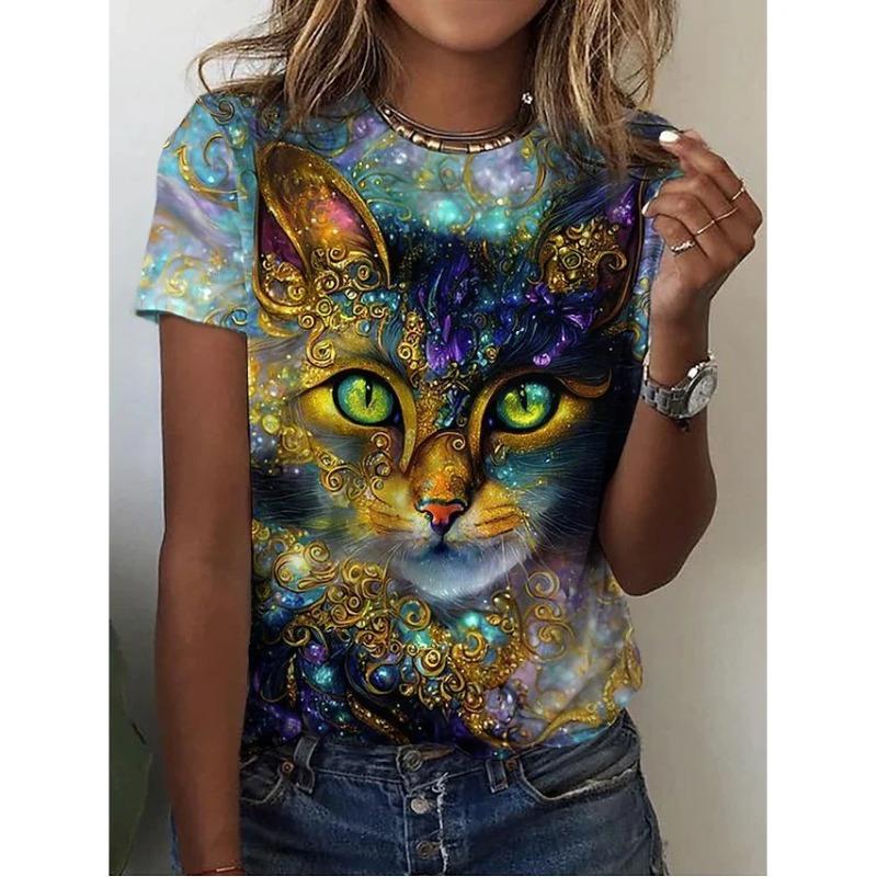 Женская 3D Милая Футболка с принтом кота Модные женские футболки Топы Harujuku Kawaii Oversize Летний топ с круглым вырезом Женская одежда