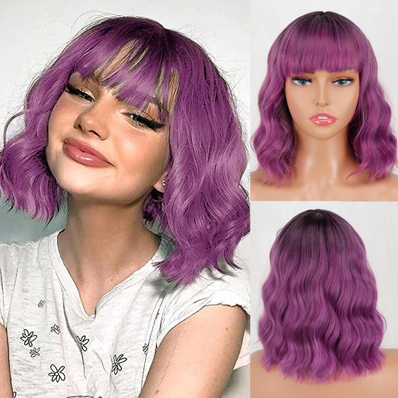 LISI HAIR Short Wave Bob Pink White Gradient Wig with Bangs Synthetic Fiber Short Wavy Daily Wear Cosplay Wig for Women