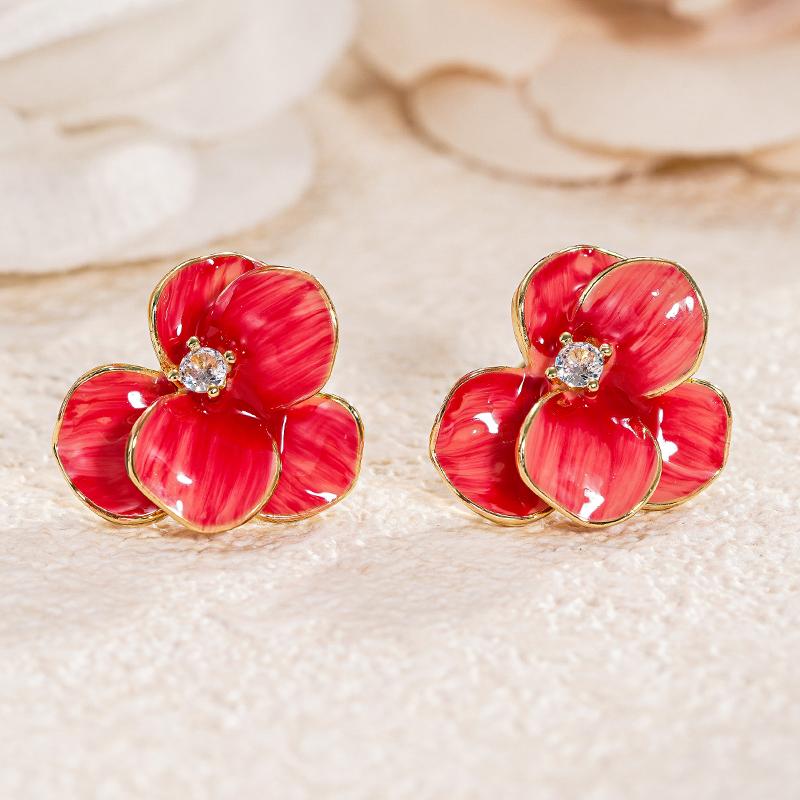 Huitan Gorgeous Red Enamel Flower Stud Earrings for Women Gold Color with CZ Sweet Wedding Engagement Charming Party JewelryGood product