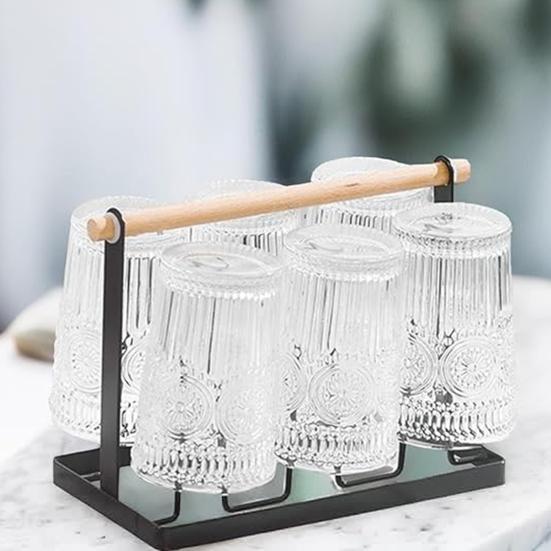 Подставка для стаканов, сушилка, подставка, металлический органайзер для сушки с деревянной ручкой для кружек, стаканов, бутылок, нескользящий 6 подстаканников для домашнего офиса, кафе-бара