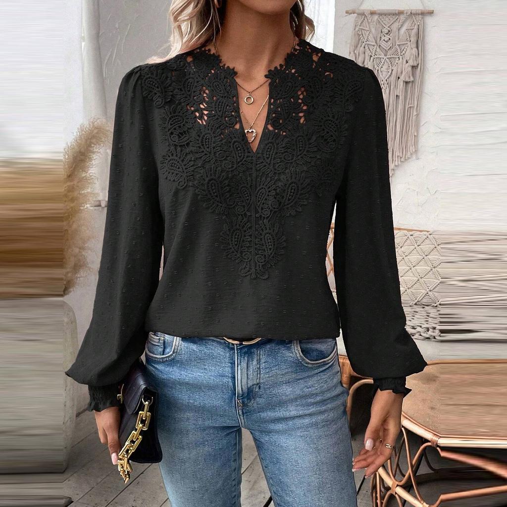 Женская модная однотонная кружевная футболка с v-образным вырезом и длинными рукавами
