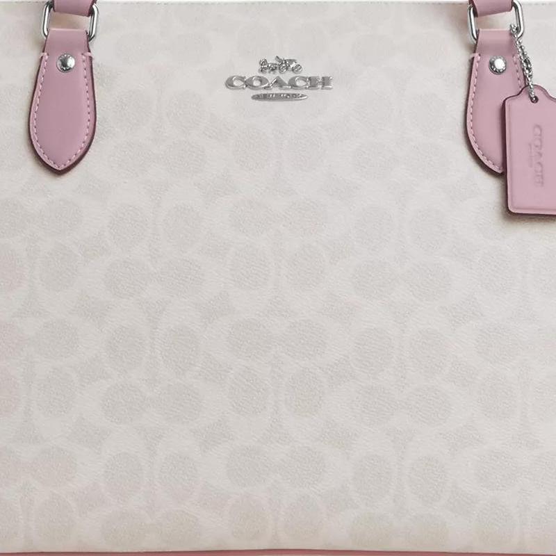 Coach Большая сумка-тоут на молнии из белогоSignature Canvas с отделкой из розовой кожи для повседневного использования