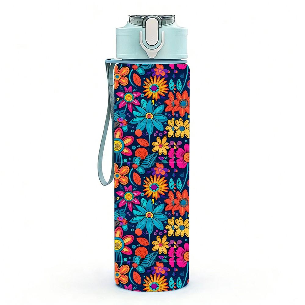 1PC Dense Bohemian Floral Seamless Print 750ml Color Plastic Sports Water Bottle Leakproof Flip Straw Lid Suitable for Sports Office Home Use
