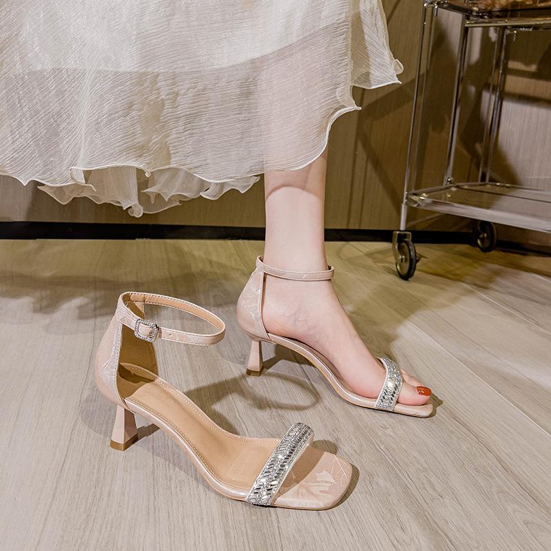 Square head with sandals women's thin heels sexy 2025 new summer silver skirt fairy style open-toed high heels