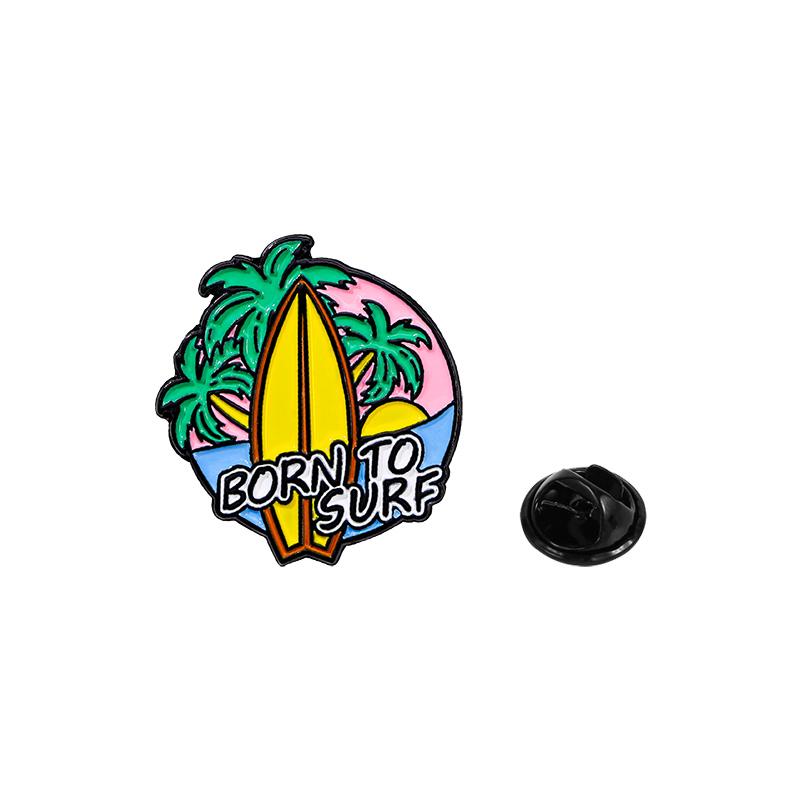Let's Go To Beach Enamel Pins Born To Surf Coconut Tree Hawaii Sunset Brooches