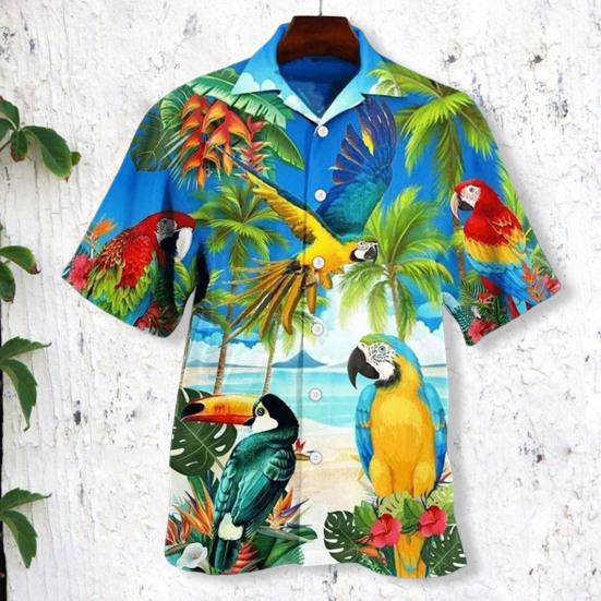 Модная Гавайская рубашка с отложным воротником, универсальная тонкая мужская повседневная одежда с тропическими листьями и принтом, праздничная повседневная одежда