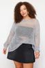 Women's Fashion Gray Openwork Perforated Low Shoulder Knitwear Sweater