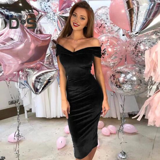 Sumer Evening Dress Off Shoulder Strapless Velvet Skinny Sheath Solid Color Sleeveless Backless Cocktail Party Prom Midi Dress