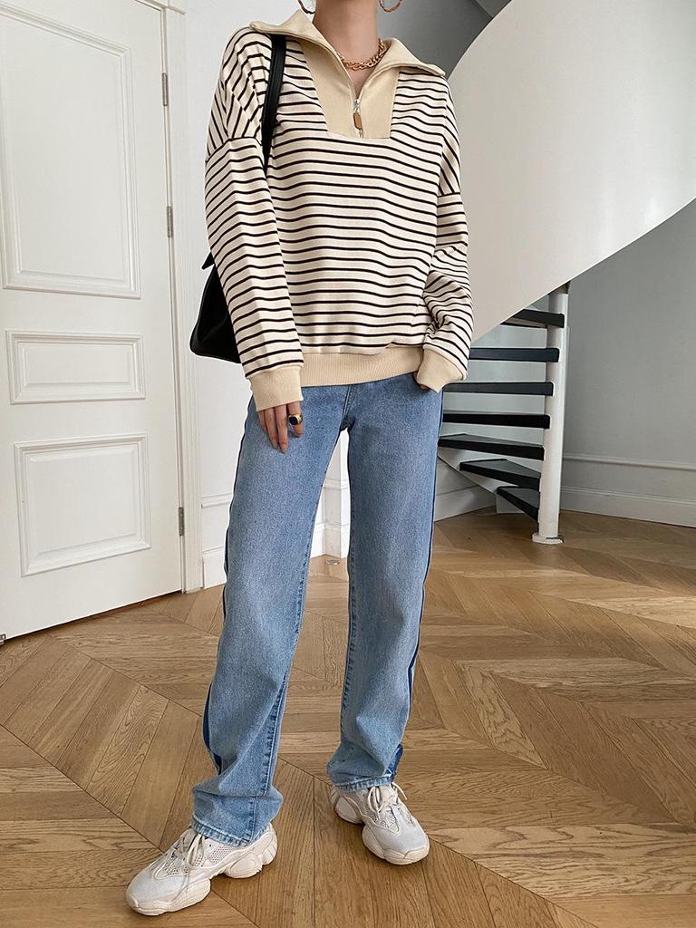 Полосатая толстовка Sinan French Zipper Polo Collar, дизайн осень/зима 2024, SN2133