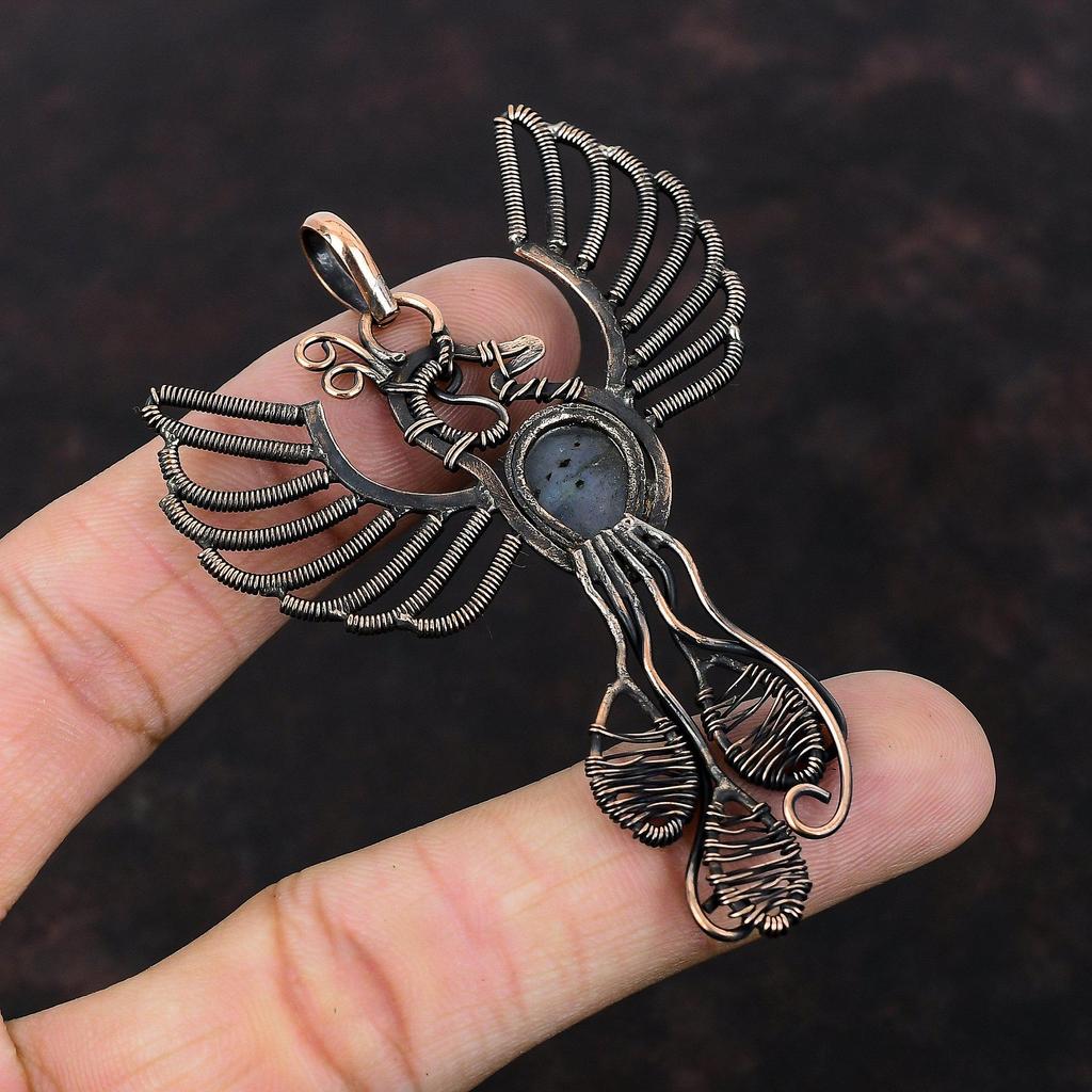 Подвеска из лабрадорита Медная проволока Подвеска Подвеска ручной работы Подвеска в виде птицы Феникс Изысканная подвеска из драгоценного камня Медные украшения Подарок на помолвку