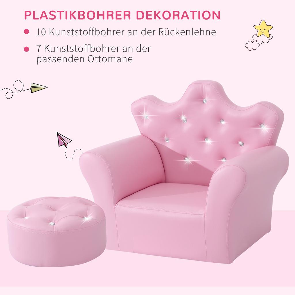 Children Kids Sofa Set Armchair Chair Seat with Free Footstool PU Leather for Girls 58L x 40.5W x 49H cm Pink