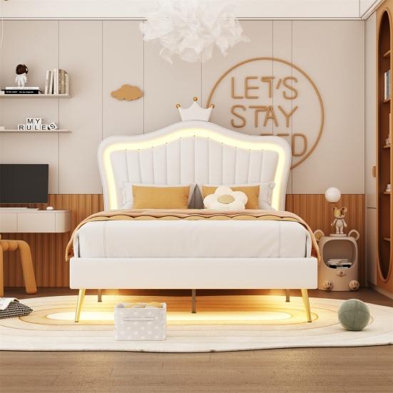 Family Bed Crown Shape Children with Headboard LED Light Heavy Single Duty Strong Carrying Capacity Girl Bedroom Furniture Indoor