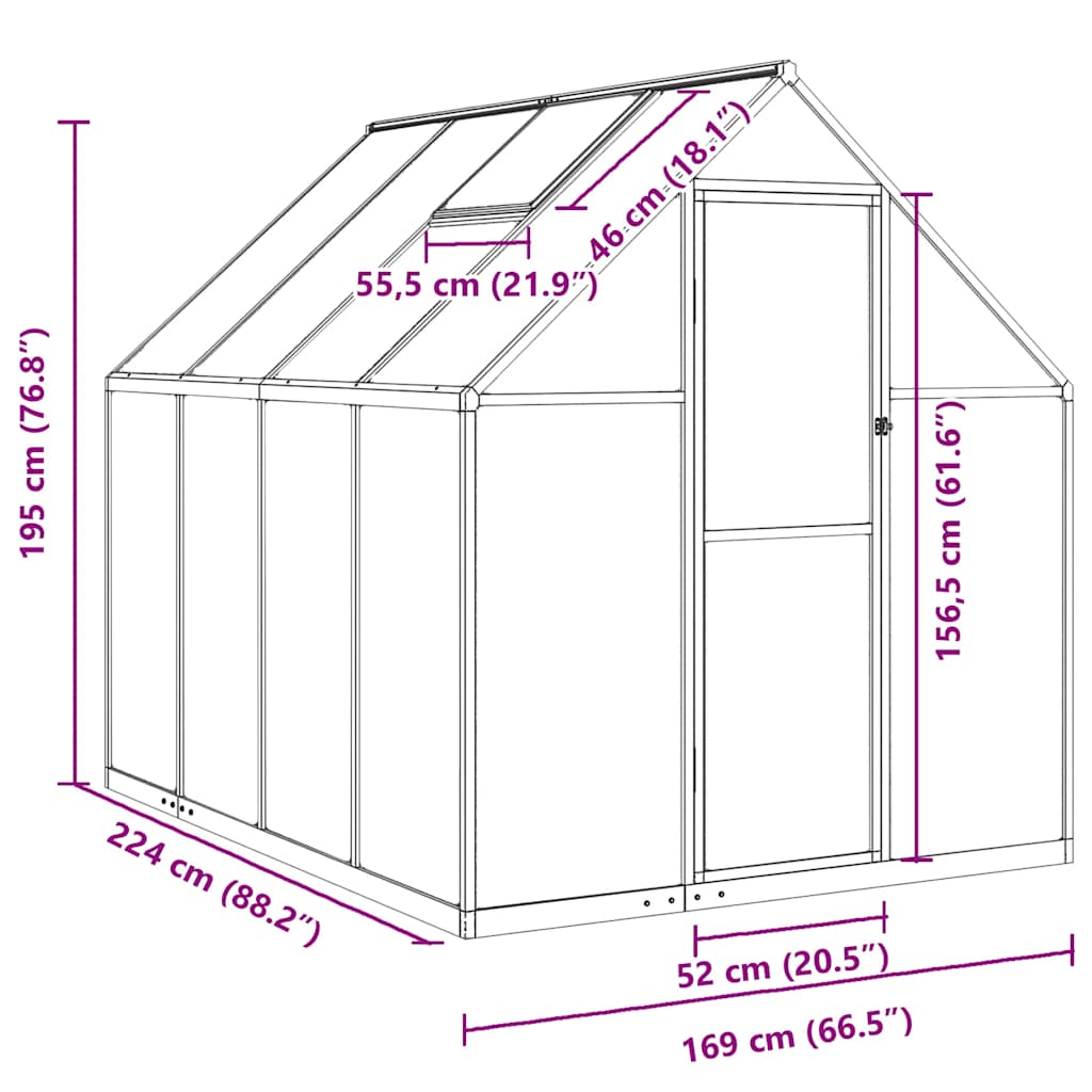 Greenhouse with Foundation Frame Silver 224 x 169 x 195 cm Aluminum