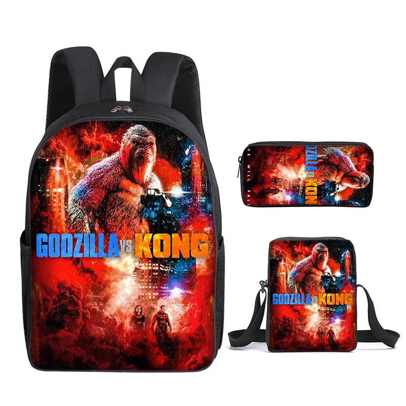 2021 Школьная сумка Godzilla Wars King Kong Набор из трех предметов Рюкзак с принтом для учеников начальной и средней школы Мультяшная школьная сумка
