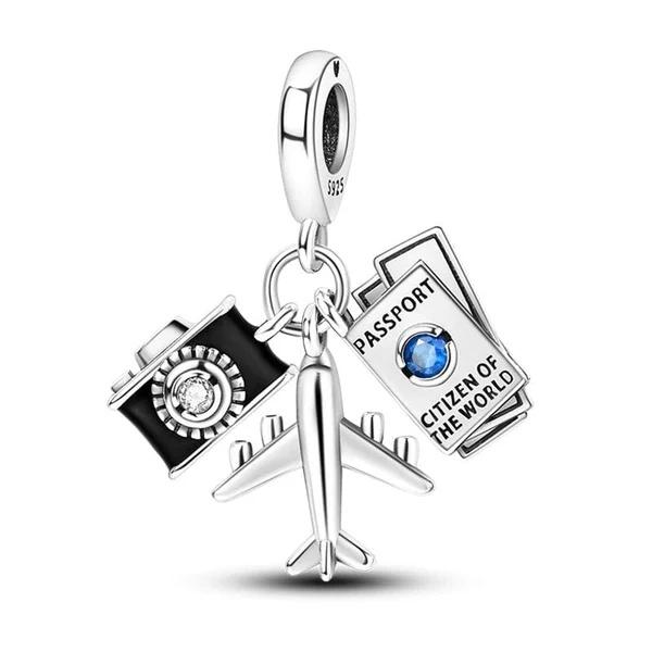 New 925 Silver Airplane Passport Vacation in Rome Beads Charm Pendant Fit Bracelet Necklace DIY Gift Women