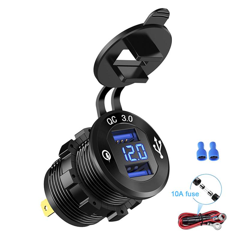 Автомобильное зарядное устройство Quick Charge 3.0 с двумя USB-портами, розетка для быстрой зарядки, алюминиевая розетка со светодиодным вольтметром для автомобильной лодки 12 В 24 В
