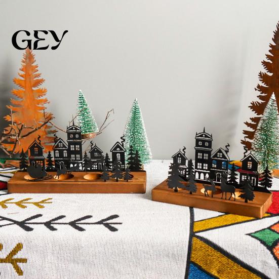Farmhouse Candle Stand Christmas Town Silhouette Holder, Wooden Tea Light for Decorative Fireplace Accents Tabletop Decoration, Metal Festive and Home
