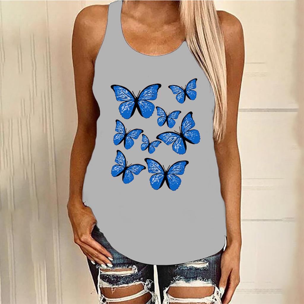 Women's Casual Fashion Loose Round Neck Colorful Butterfly Print Undershirt Tops