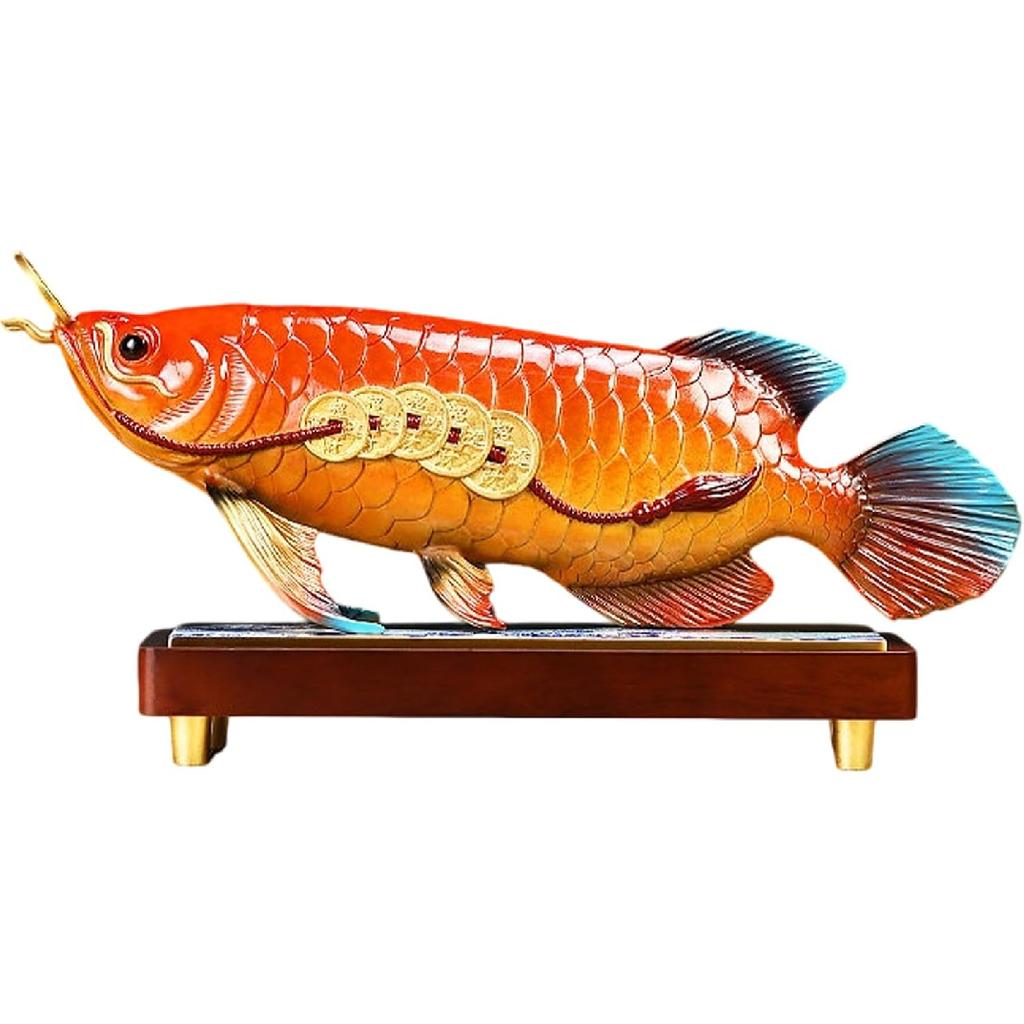 Aris & Juno Hand-Painted Copper Golden Arowana Sculpture, Traditional Chinese Wealth & Prosperity Symbol Statue, Feng Shui Office Desk Home Living