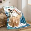 A girl surrounded by seals on a rock amidst waves with text above. for all seasons blanket lunch break throw gift