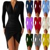 Womens Wrap V Neck Long Sleeve Split Wrap Elegant Ruched Cocktail Party Midi Dress Banquet Dress
