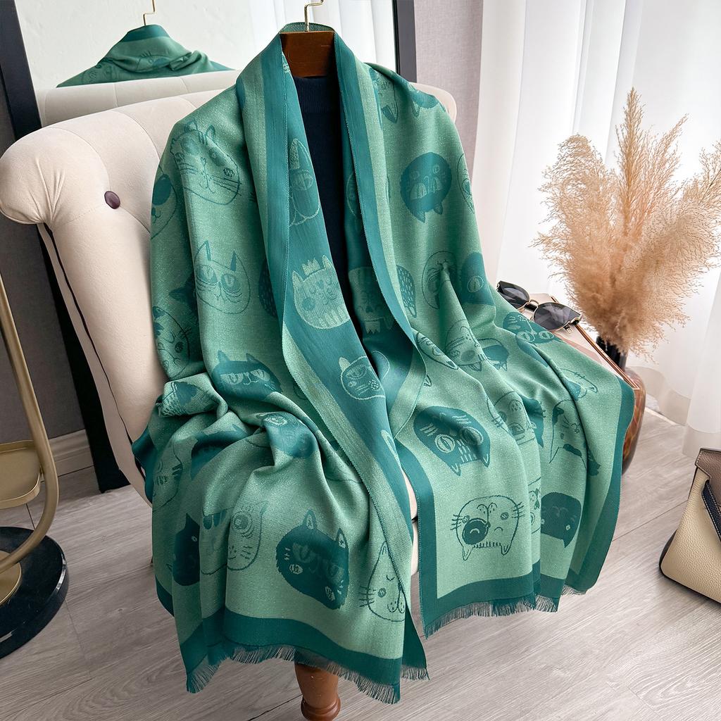 Funny Kitten Cat Head Cute Print Fashion Tencel Cotton Women'S Sunscreen Scarf Double-Sided Shawl