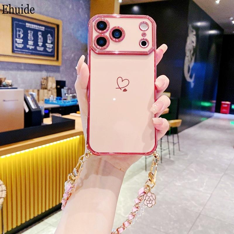 Чехол с жемчужным ремешком для iPhone 17 Pro Max 16 14 13 15 Plus Air Plating Чехол-защита камеры с рисунком в виде сердца Ударопрочный Мягкий Металлический Ремешок