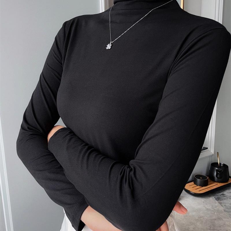 Топ с длинным рукавом на раннюю осень, ощущение обнаженности: Приятный к коже, с высоким воротником, модный девятицветный, японско-корейский тренд, молочный шелк для женщин