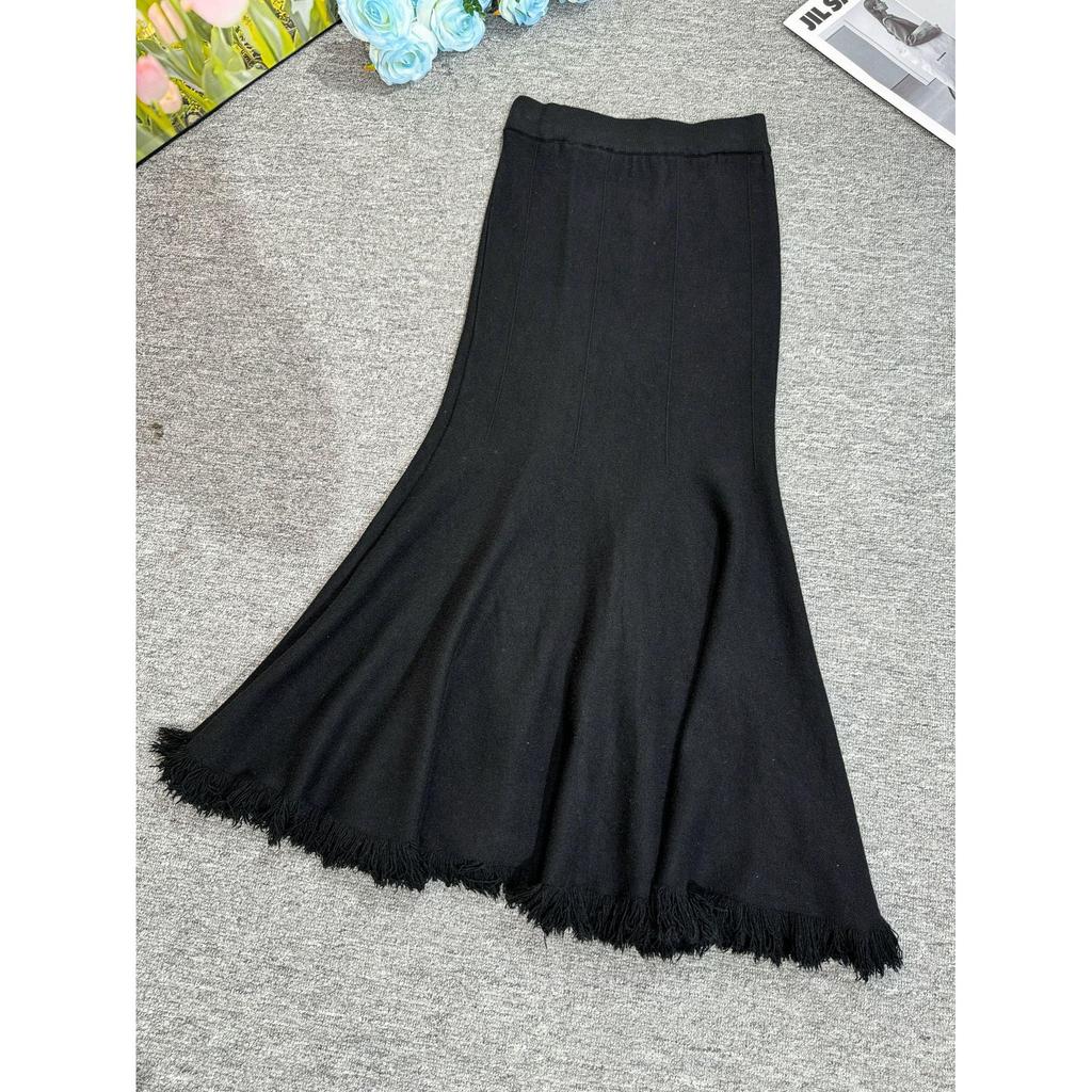 Qooth осень-зима вязаная элегантная юбка-труба для женщин с высокой талией и кисточками средней длины QT2507
