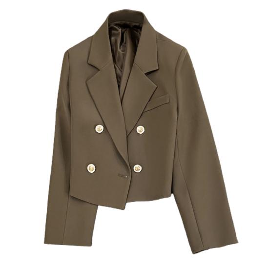 Spring Women Breasted Office Cropped Blazer Lapel Solid Color Long Sleeve Double Jacket Suit Coat
