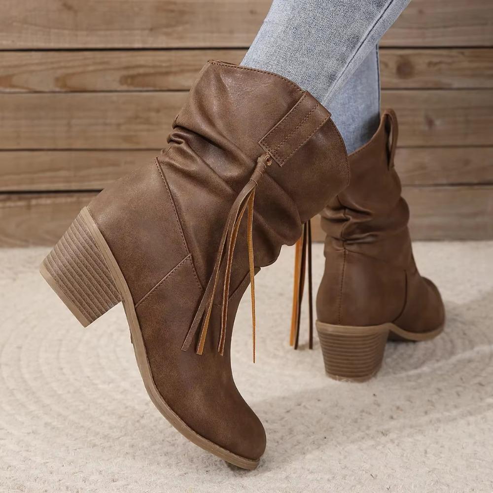 Короткие женские сапоги, новые сапоги на толстом каблуке, плиссированные сапоги на высоком каблуке, сапоги средней длины с бочонком, женская обувь, женская обувь до середины голени