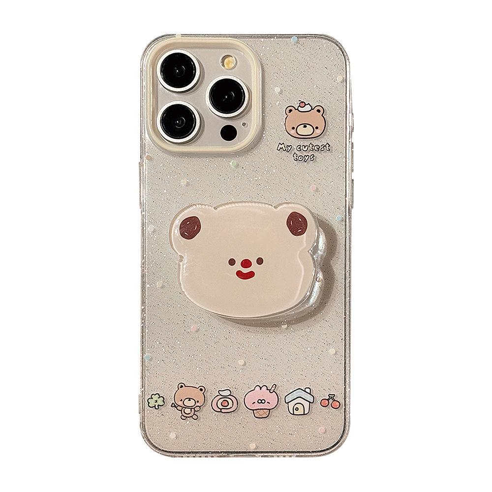 Bear Head Stand Apple 16 Mobile Phone Case 13 Glitter Powder Iphone14pro Max Suitable for 15 Soft Cute Cute