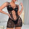 Women's Mesh Chemise Babydoll Mini Dress Sexy Sheer Lace Bodycon Dress Cutout Sparkly Rhinestone Fishnet Nightwear
