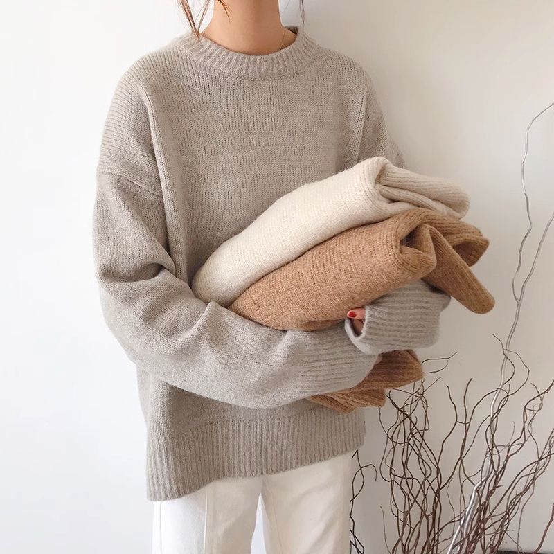 Autumn Winter Simplicity Loose Solid Color Knitwear Women Vintage Office Lady Sweater All-match Casual Knitting Tops