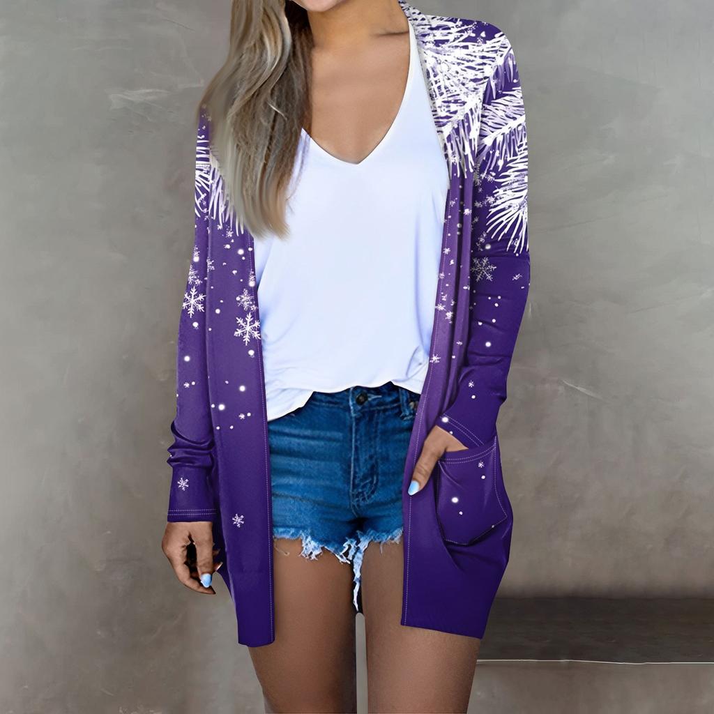 Женская мода повседневная рождественская принтованная куртка средней длины с длинными рукавами