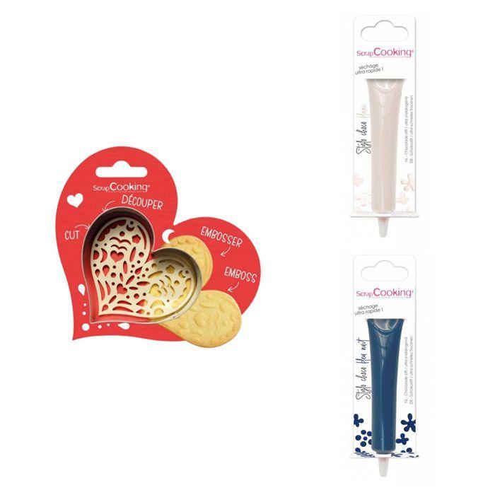 Kit pour biscuit en relief Coeur + 2 Stylos au chocolat blanc et bleu nuit