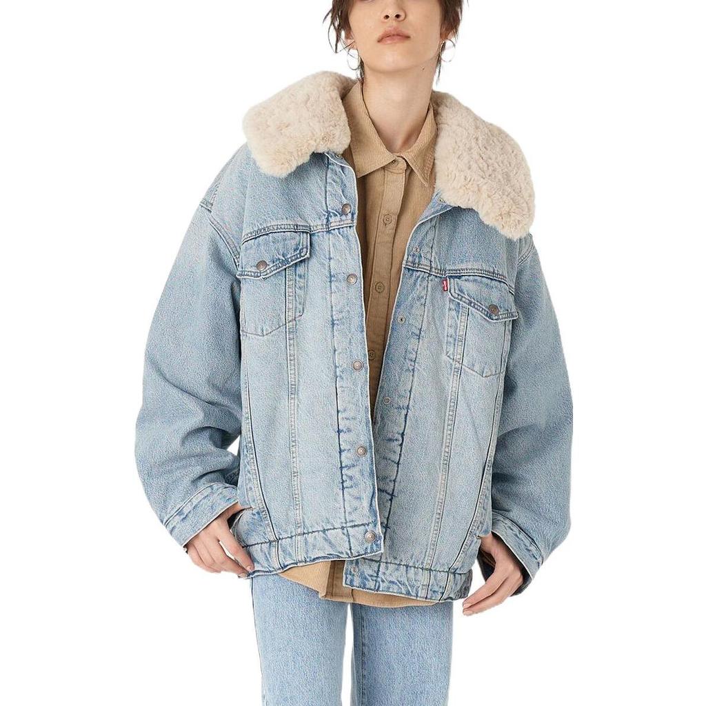 Levis FW22 Повседневная Однотонная Куртка из Денима Свободного Кроя с Воротником из Овечьей Шерсти Женские куртки Синяя A3484-0000