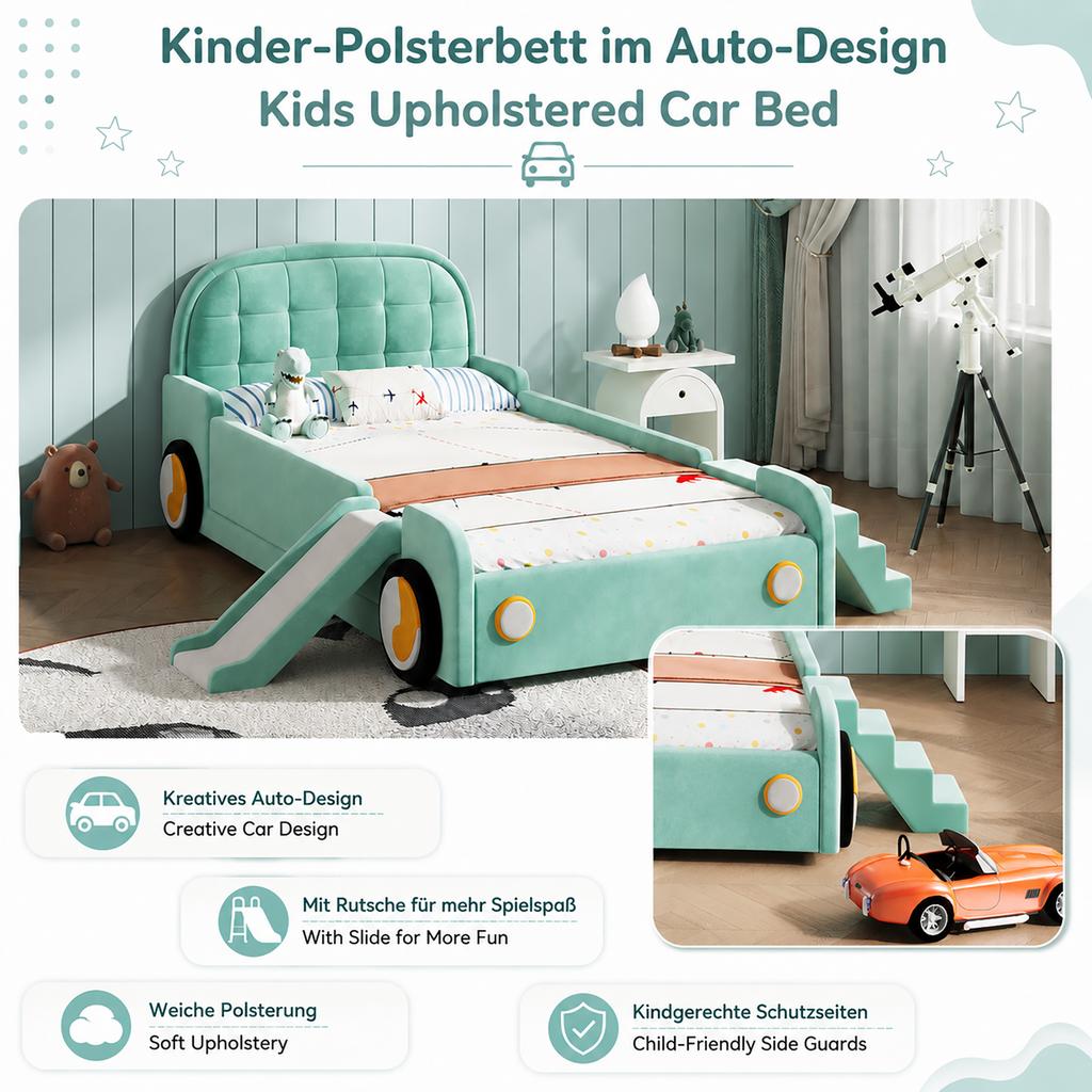 Bed, Car Bed with Slide and Staircase, Mountable Left/Right, Upholstered Bed in Teal, Play Bed with Fall Protection for Children's Room, 90x200 cm