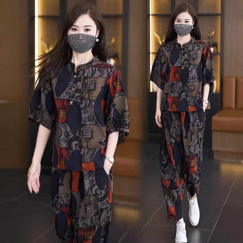 Летний женский модный костюм больших размеров, женский повседневный костюм-двойка с короткими рукавами и принтом, шаровары