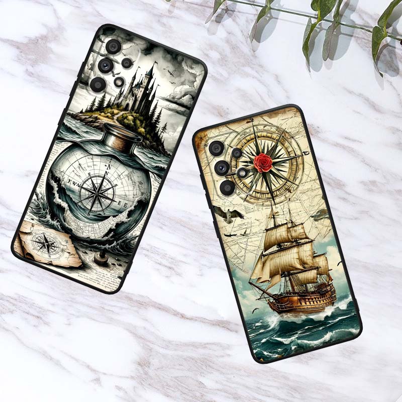 Винтажная иллюстрация компаса Чехол Для Samsung A41 A35 A34 A33 A32 A25 A24 A23 A21s A06 A05 A04 A03 Note 10 20 Ultra 5G Черный