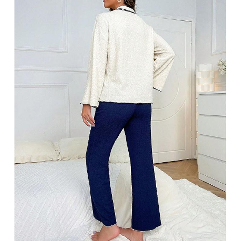Womens Long Sleeve Pajama Set Fall Winter Collared Cardigan Loungewear Two Piece