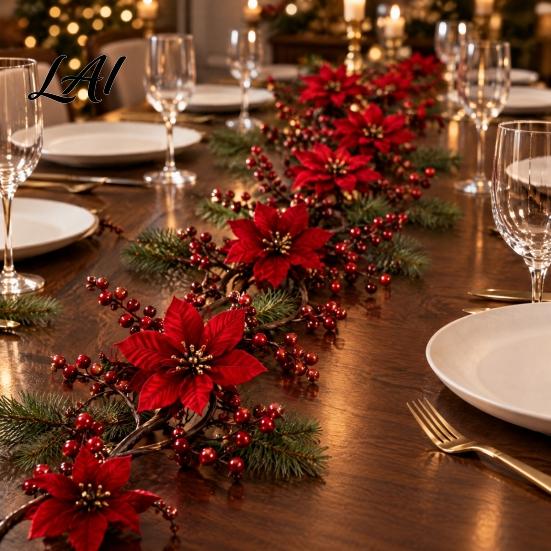 Artificial Red Berry Vine Christmas Poinsettia Garland 100cm for Flexible Decorative Rattan Front Door Wall Hanging Decoration Festive Holiday Home
