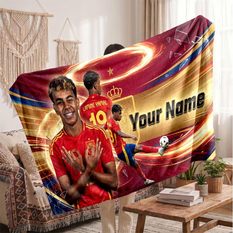 Lamine Yamal Personalized Fleece Blanket With Football Logo, Custom Name Text Soft Warm Home Throw Blanket