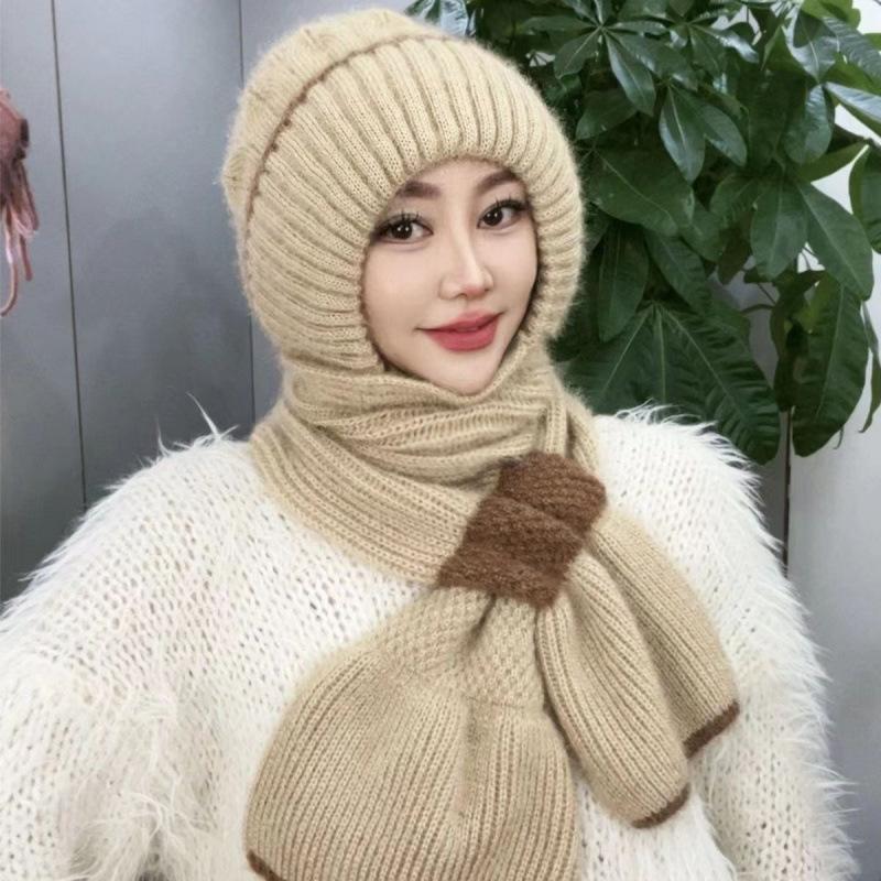 Hat Female Autumn and Winter Warm Knitted Wool Snow Hat Cycling Mother Fashion Ear Protection Headgear Scarf Integrated Hat