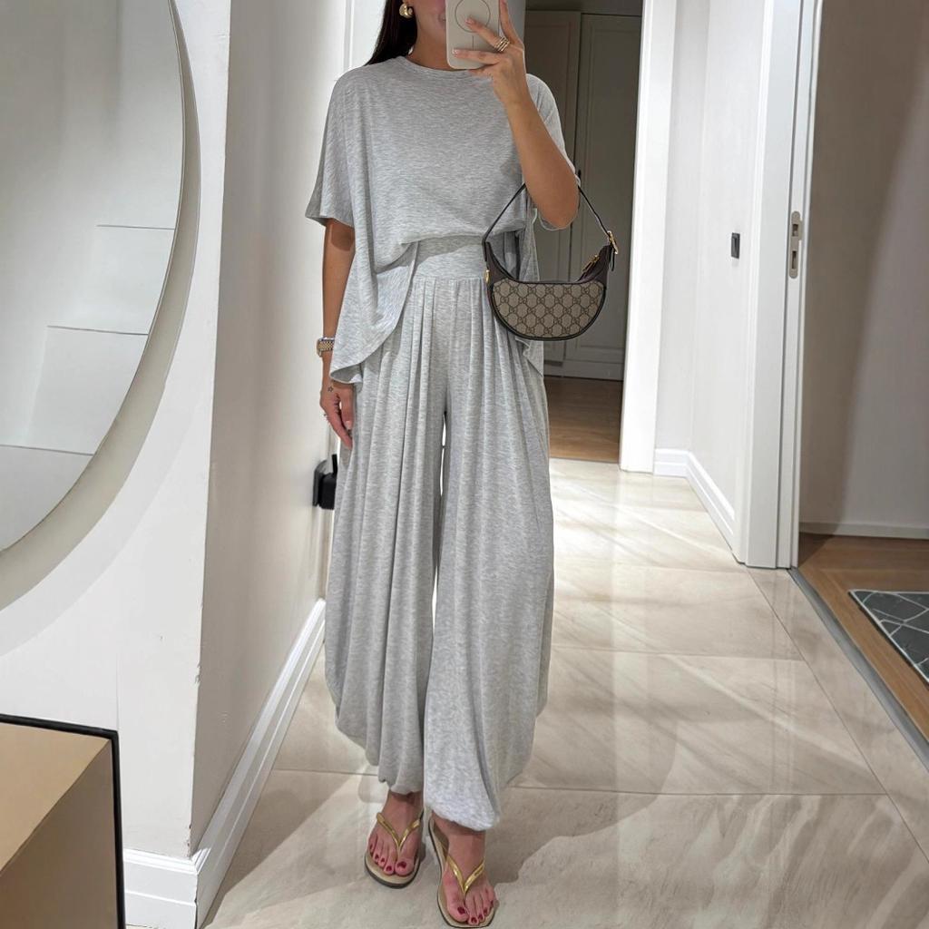 Women's Light Gray Short Sleeve Top and Wide Leg Pants Set Casual Comfortable Outfit