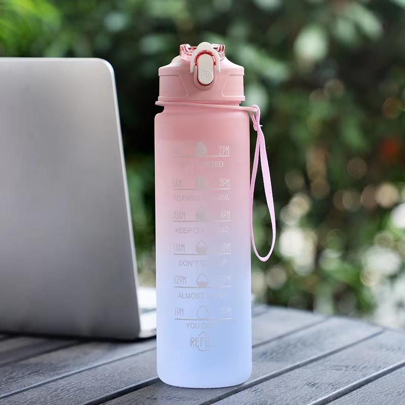 0. 9 Liter Water Bottle with Straw Female Girls Large Portable Travel Bottles Sports Fitness Cup  Cold Water with Time Scale